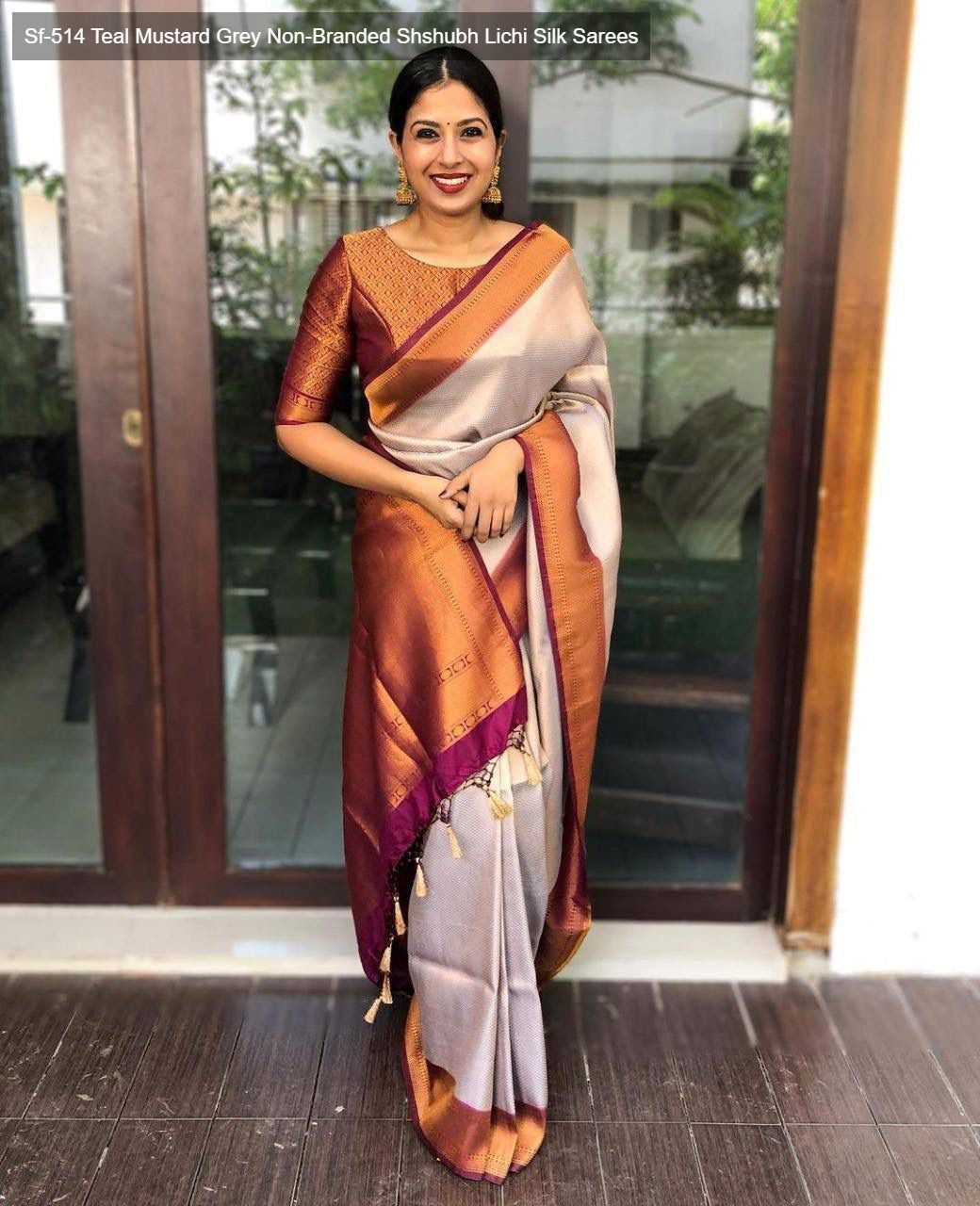 Sf-514 Teal Mustard Grey Non-Branded Shshubh Lichi Silk Sarees