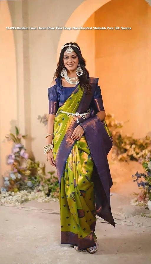 Sf-893 Mustard Lime Green Rose Pink Beige Non-Branded Shshubh Pure Silk Sarees
