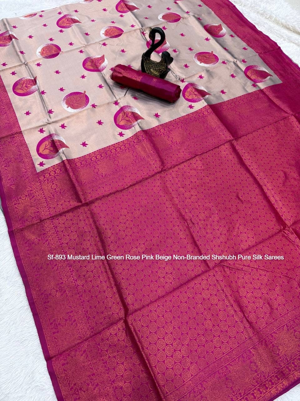 Sf-893 Mustard Lime Green Rose Pink Beige Non-Branded Shshubh Pure Silk Sarees