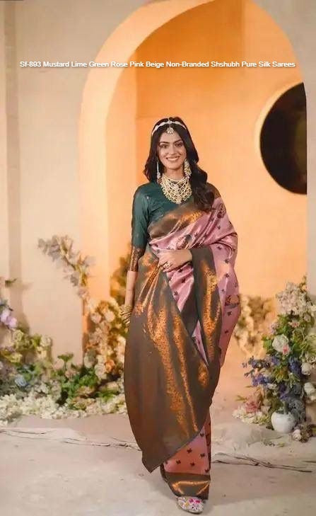 Sf-893 Mustard Lime Green Rose Pink Beige Non-Branded Shshubh Pure Silk Sarees