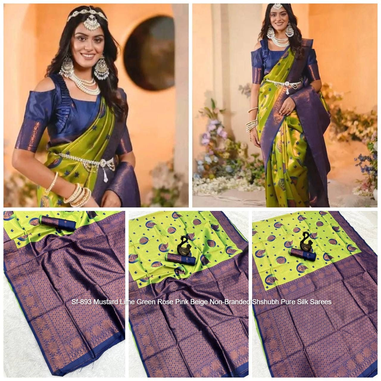 Sf-893 Mustard Lime Green Rose Pink Beige Non-Branded Shshubh Pure Silk Sarees