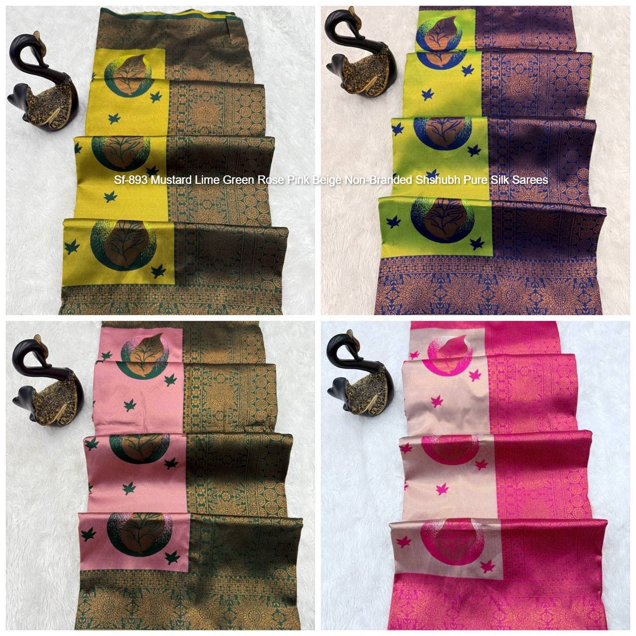 Sf-893 Mustard Lime Green Rose Pink Beige Non-Branded Shshubh Pure Silk Sarees