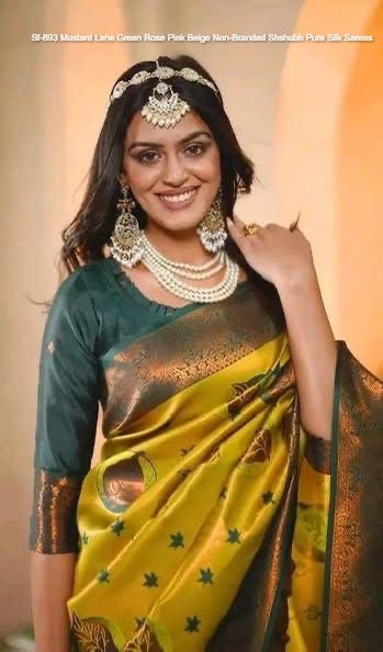 Sf-893 Mustard Lime Green Rose Pink Beige Non-Branded Shshubh Pure Silk Sarees