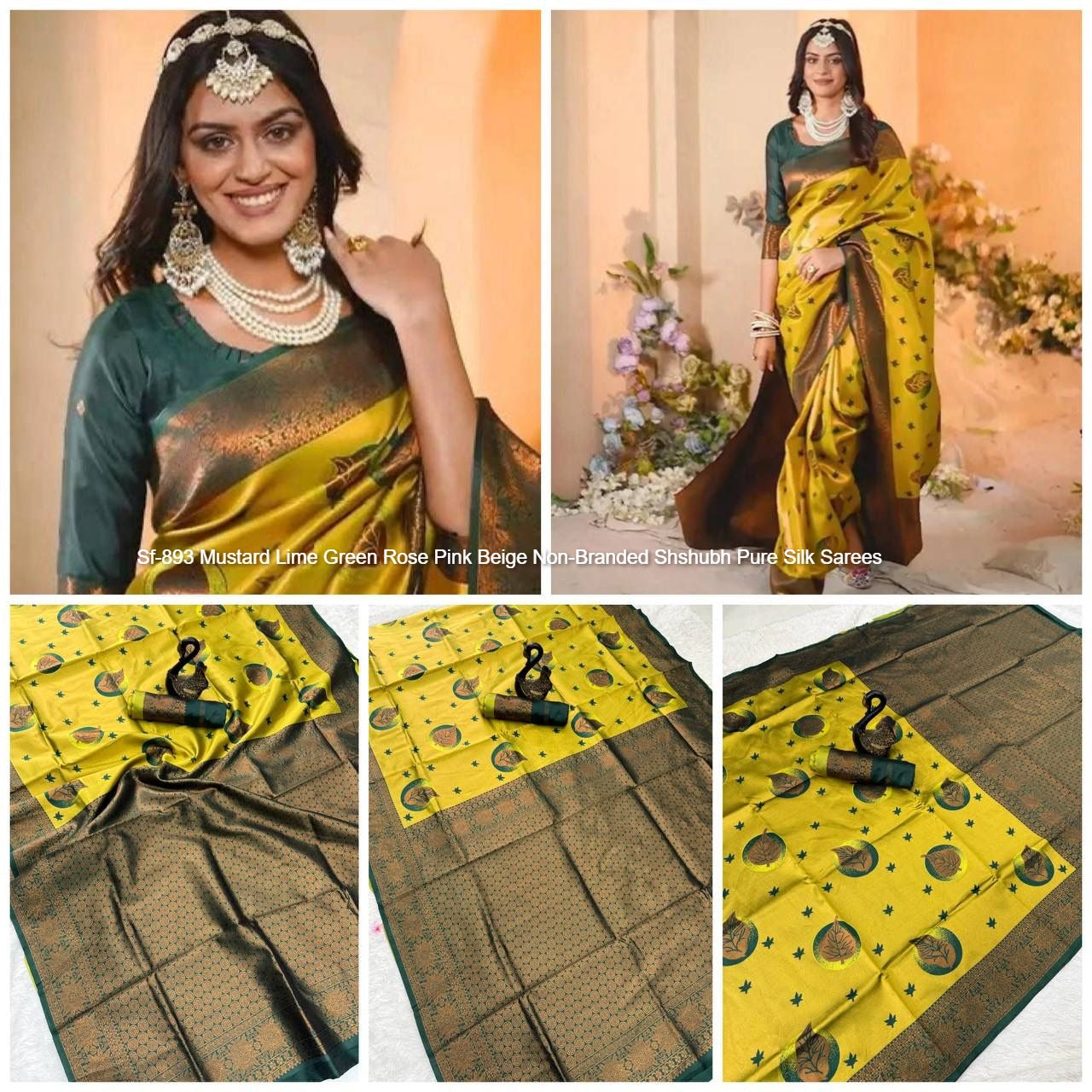 Sf-893 Mustard Lime Green Rose Pink Beige Non-Branded Shshubh Pure Silk Sarees