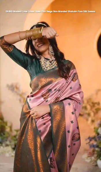 Sf-893 Mustard Lime Green Rose Pink Beige Non-Branded Shshubh Pure Silk Sarees