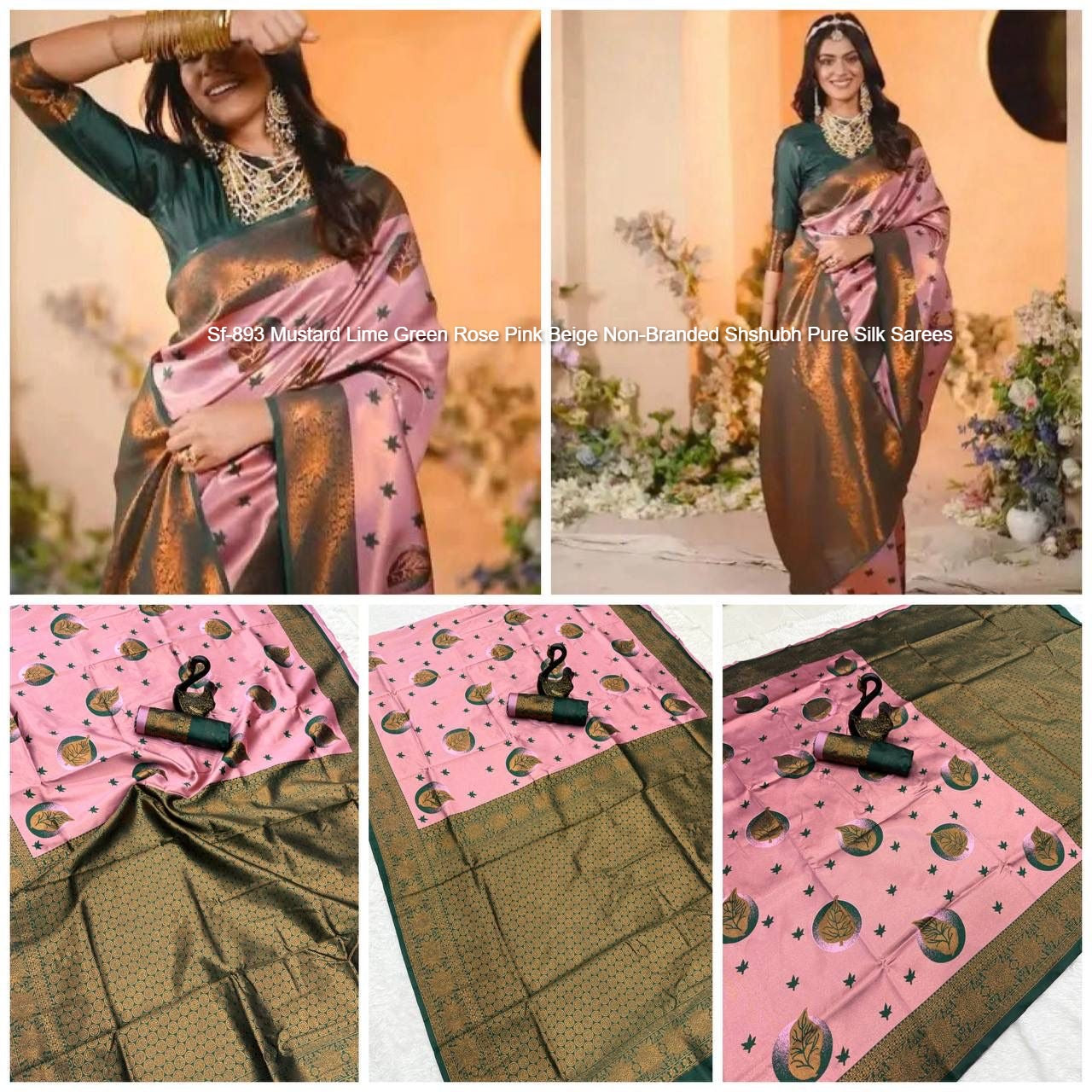 Sf-893 Mustard Lime Green Rose Pink Beige Non-Branded Shshubh Pure Silk Sarees