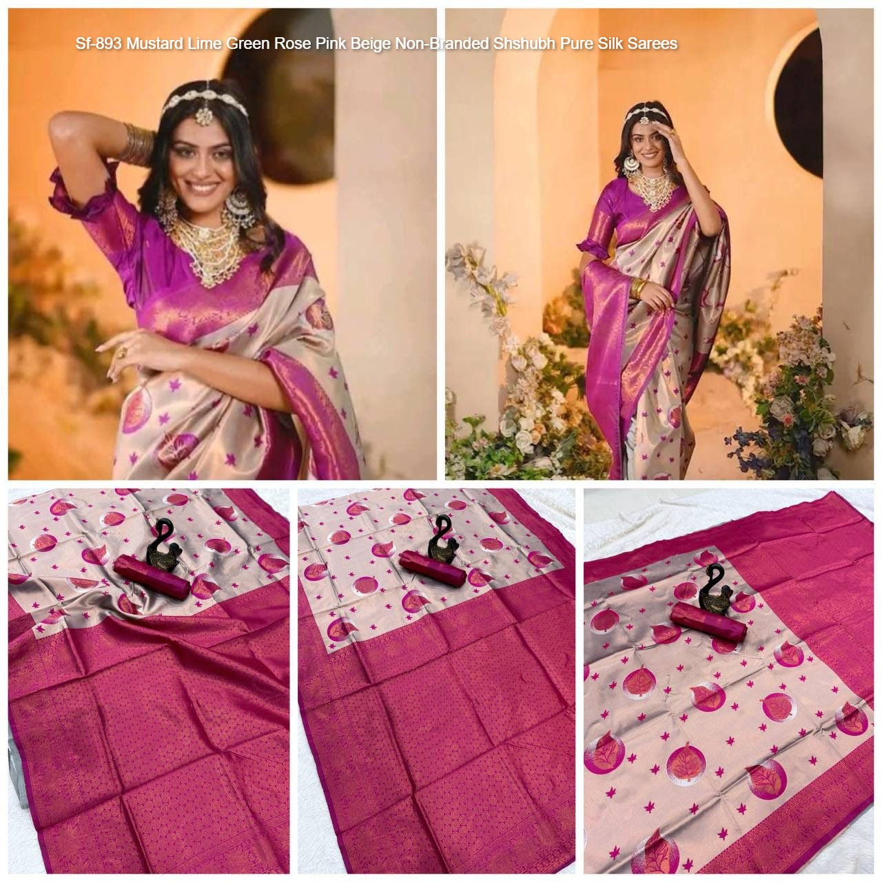 Sf-893 Mustard Lime Green Rose Pink Beige Non-Branded Shshubh Pure Silk Sarees