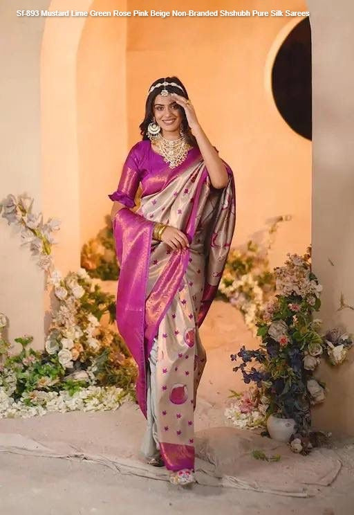 Sf-893 Mustard Lime Green Rose Pink Beige Non-Branded Shshubh Pure Silk Sarees