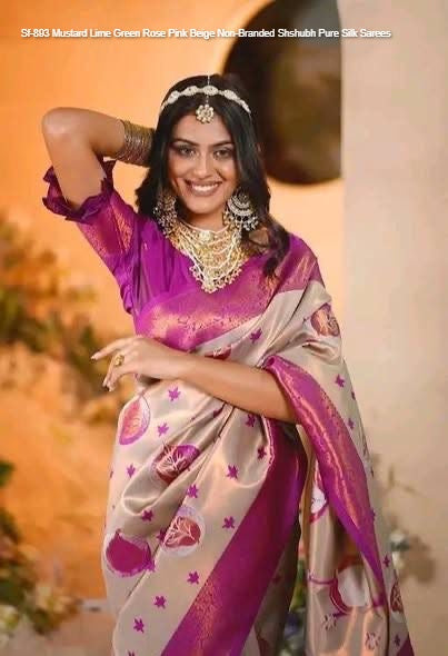 Sf-893 Mustard Lime Green Rose Pink Beige Non-Branded Shshubh Pure Silk Sarees