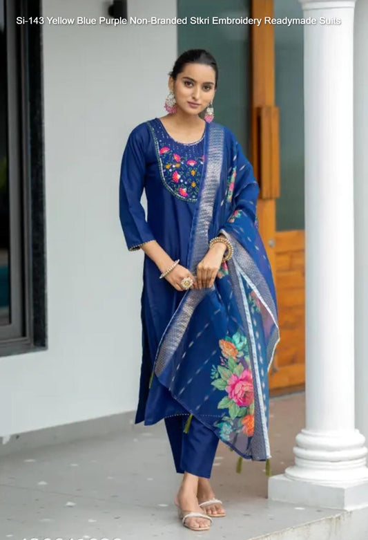 Si-143 Yellow Blue Purple Non-Branded Stkri Embroidery Readymade Suits