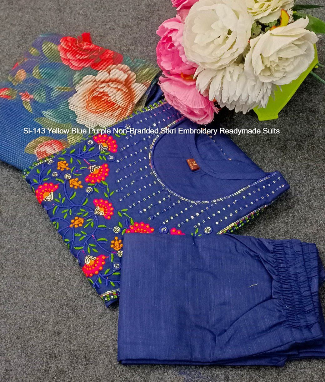 Si-143 Yellow Blue Purple Non-Branded Stkri Embroidery Readymade Suits