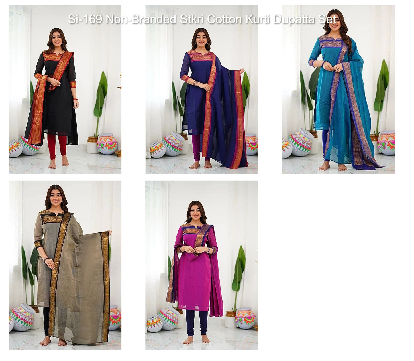 Si-169 Non-Branded Stkri Cotton Kurti Dupatta Set