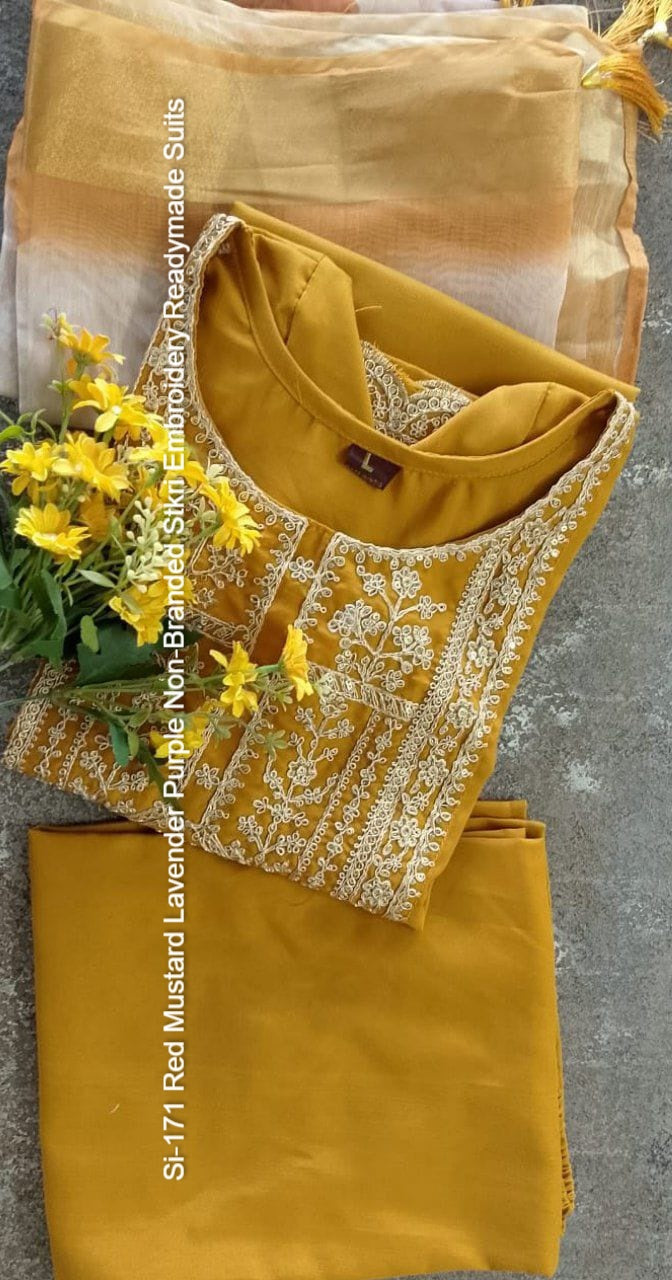 Si-171 Red Mustard Lavender Purple Non-Branded Stkri Embroidery Readymade Suits