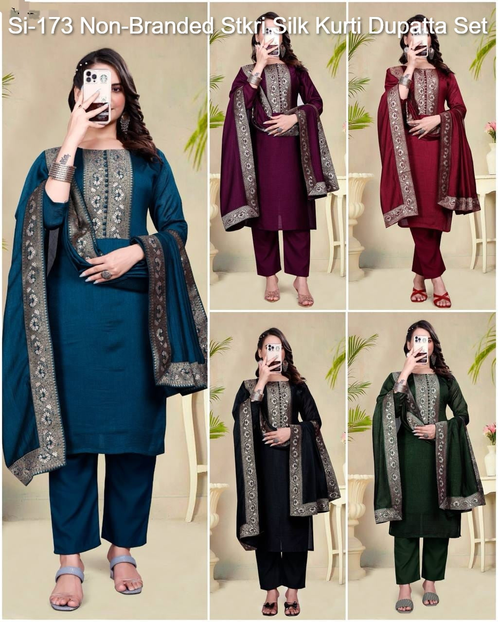 Si-173 Non-Branded Stkri Silk Kurti Dupatta Set