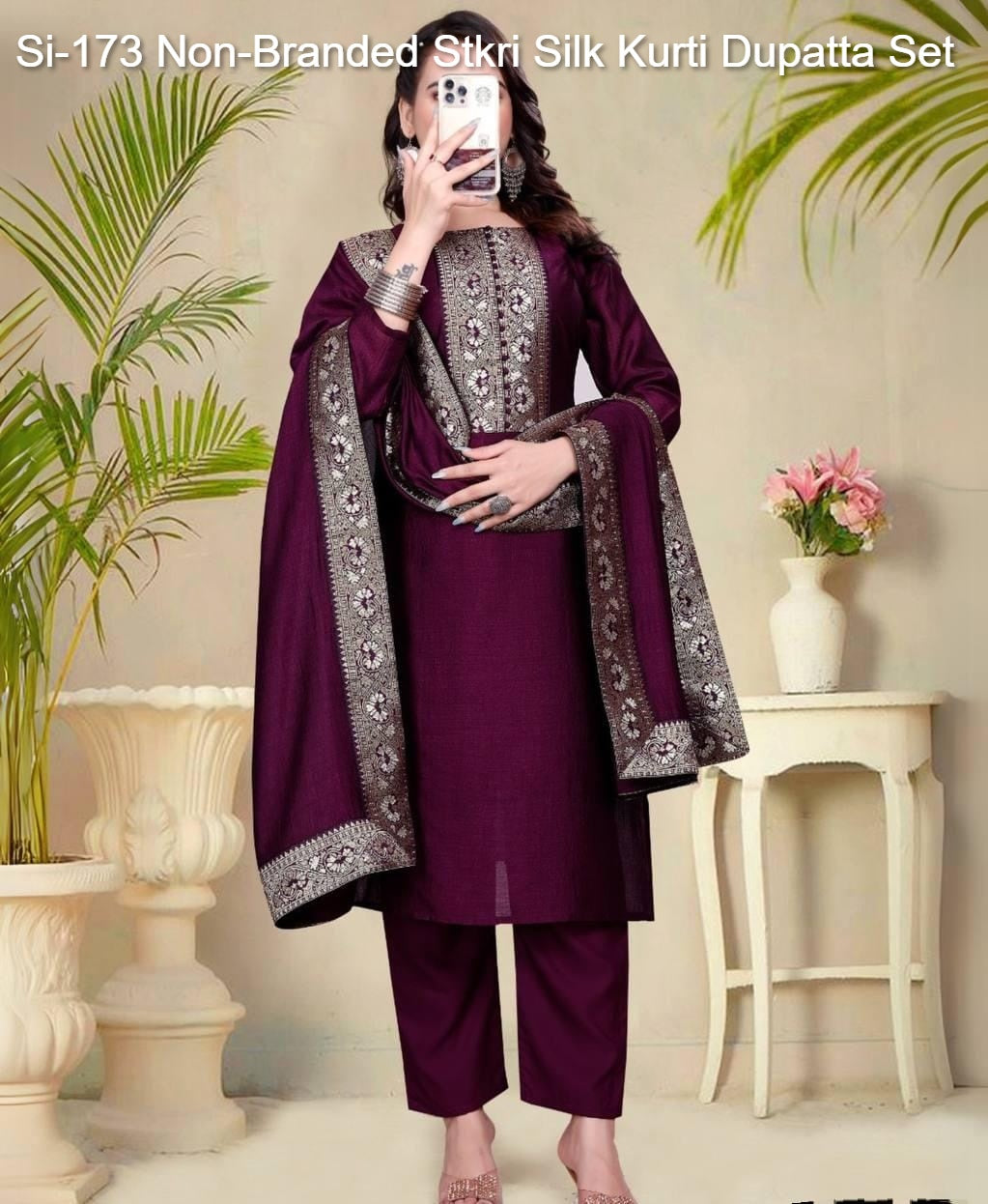 Si-173 Non-Branded Stkri Silk Kurti Dupatta Set
