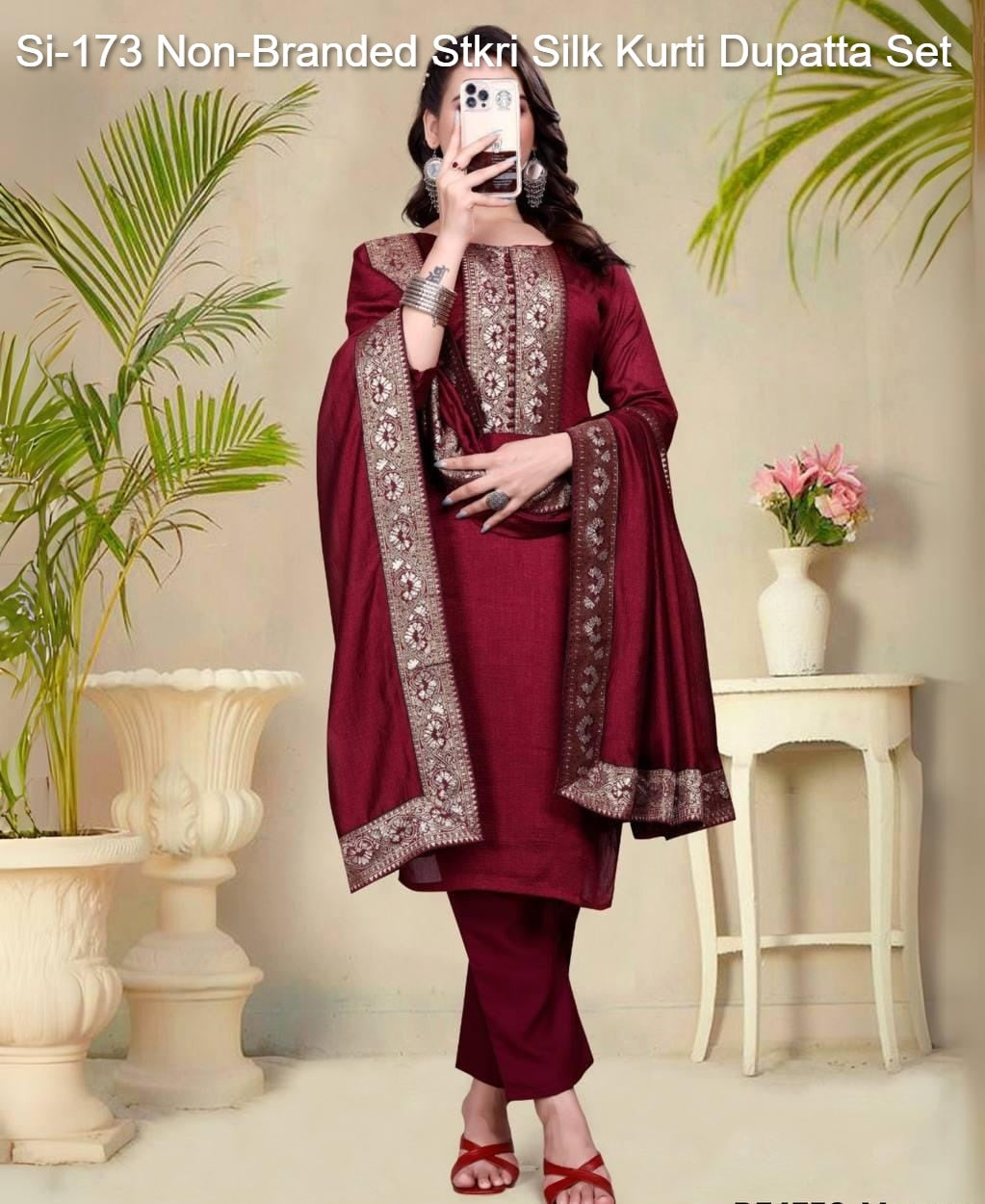 Si-173 Non-Branded Stkri Silk Kurti Dupatta Set