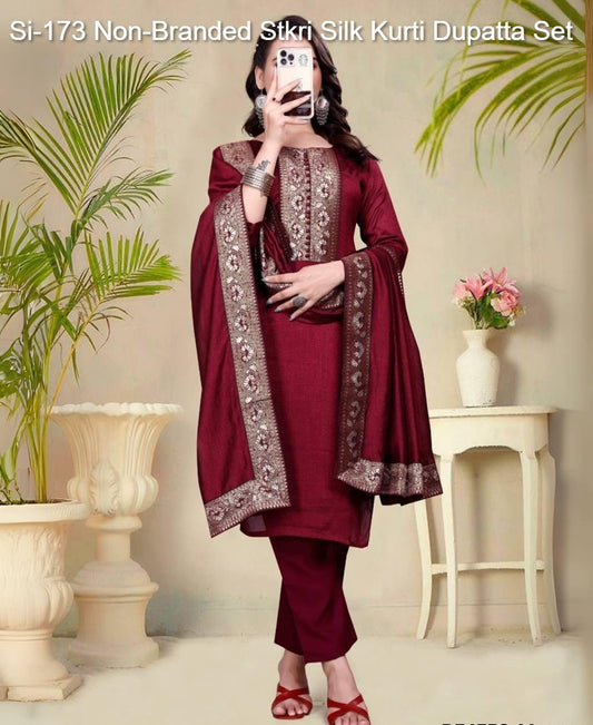 Si-173 Non-Branded Stkri Silk Kurti Dupatta Set