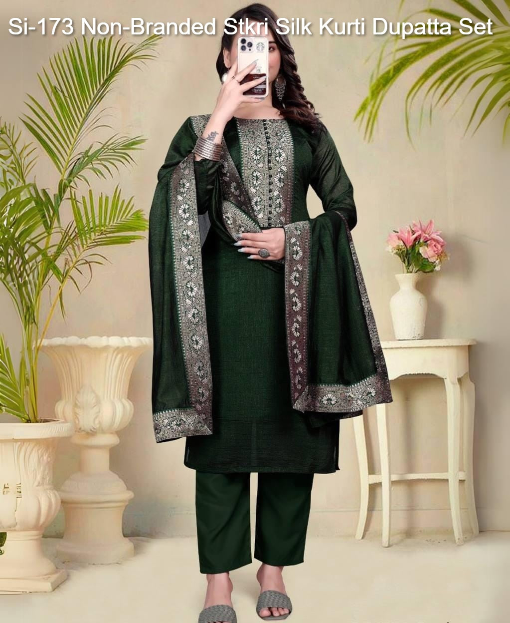Si-173 Non-Branded Stkri Silk Kurti Dupatta Set