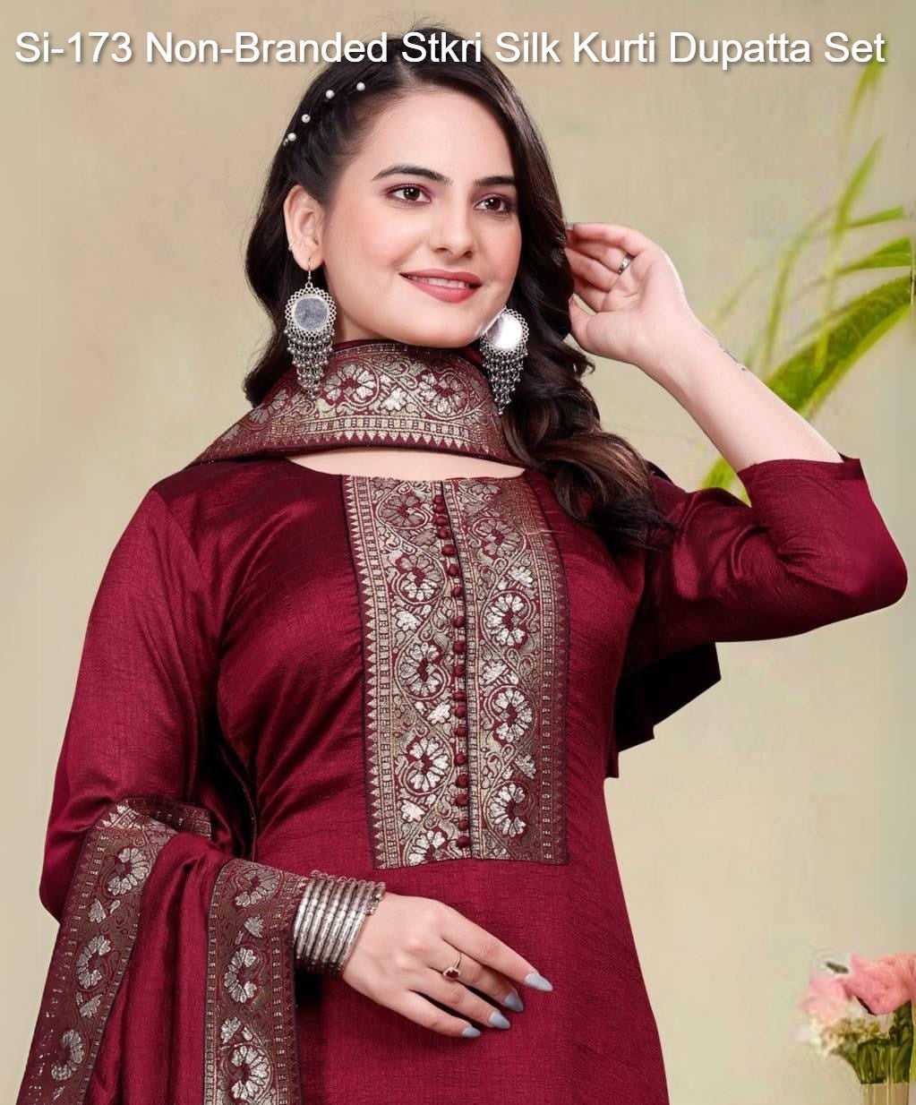 Si-173 Non-Branded Stkri Silk Kurti Dupatta Set