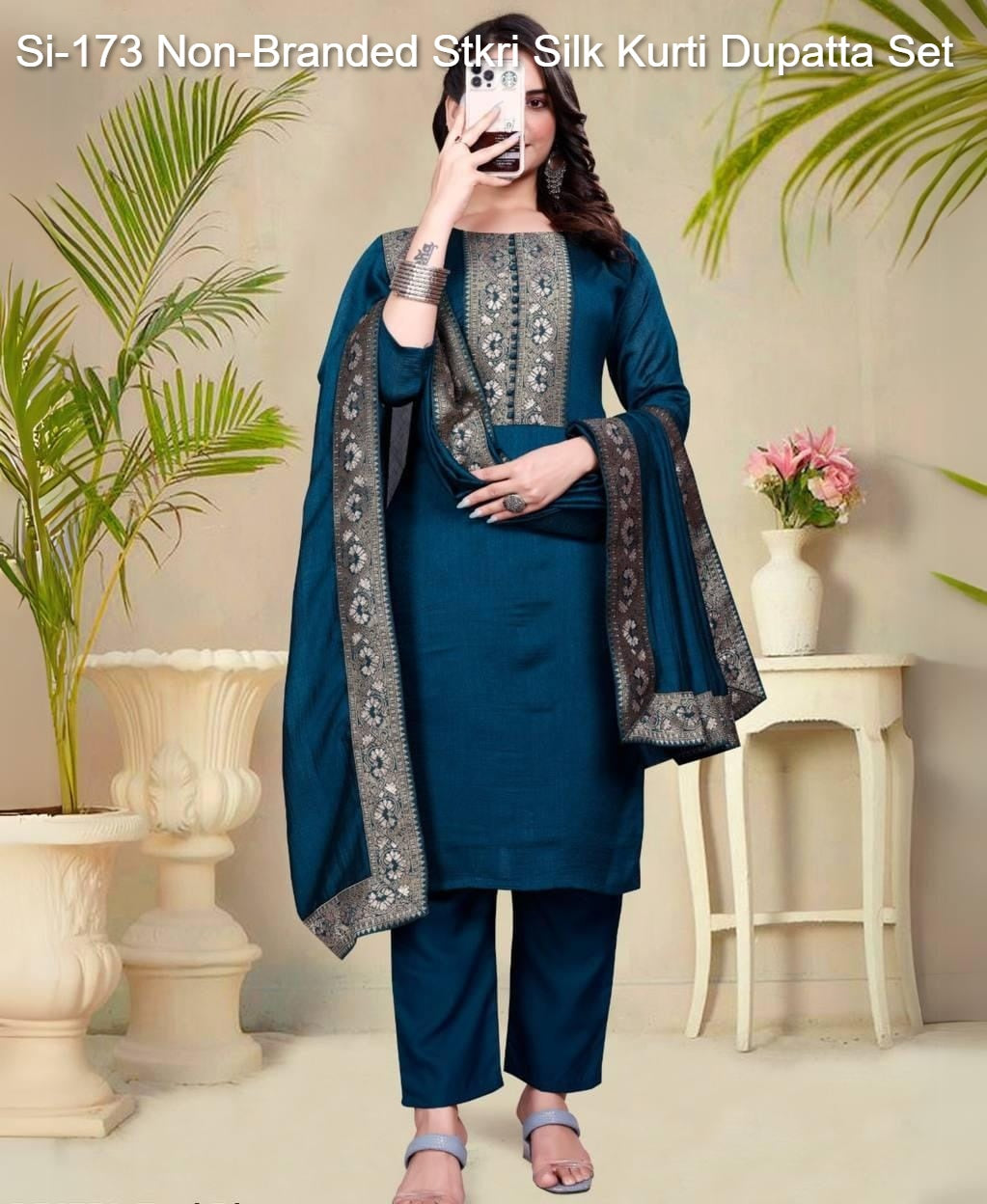 Si-173 Non-Branded Stkri Silk Kurti Dupatta Set