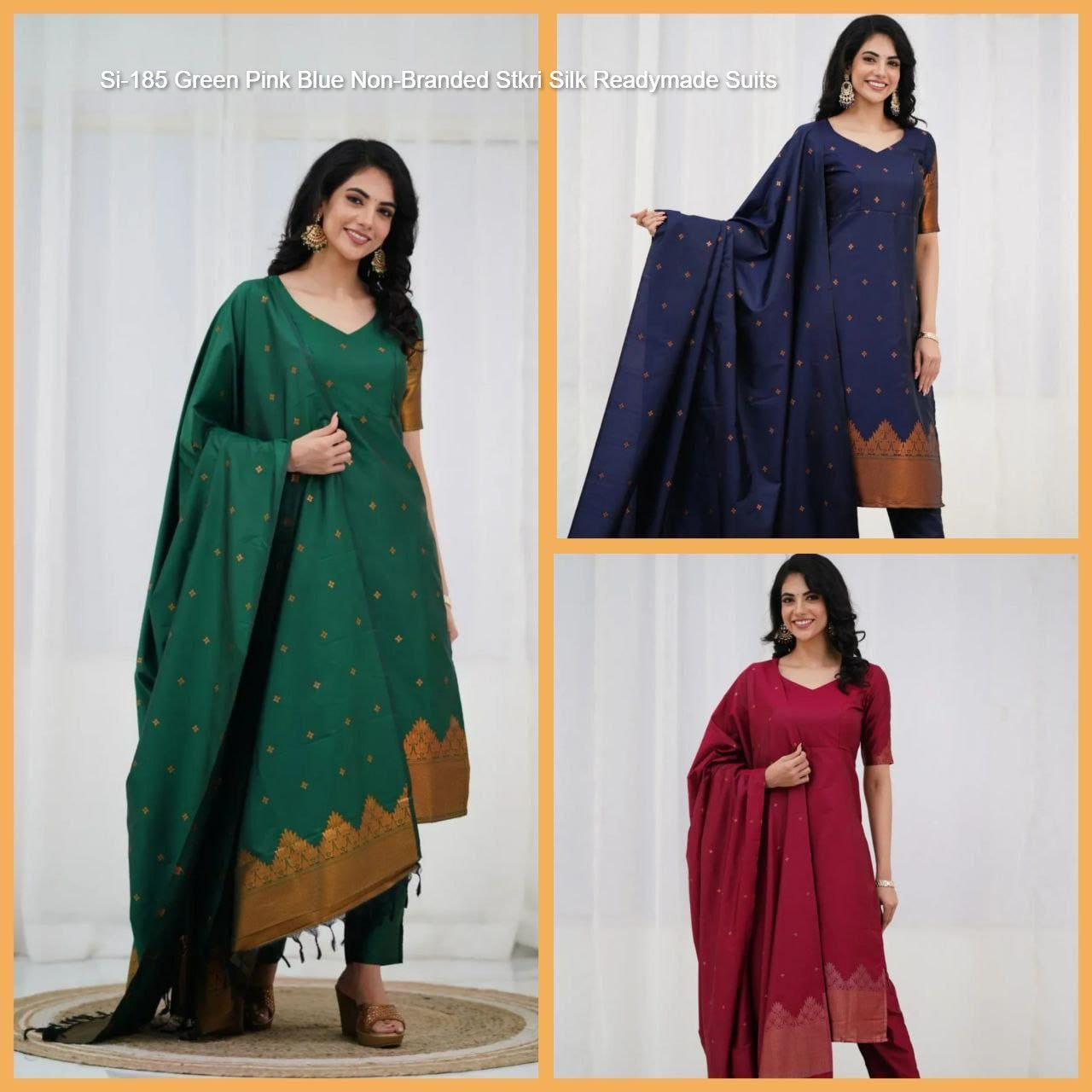 Si-185 Green Pink Blue Non-Branded Stkri Silk Readymade Suits