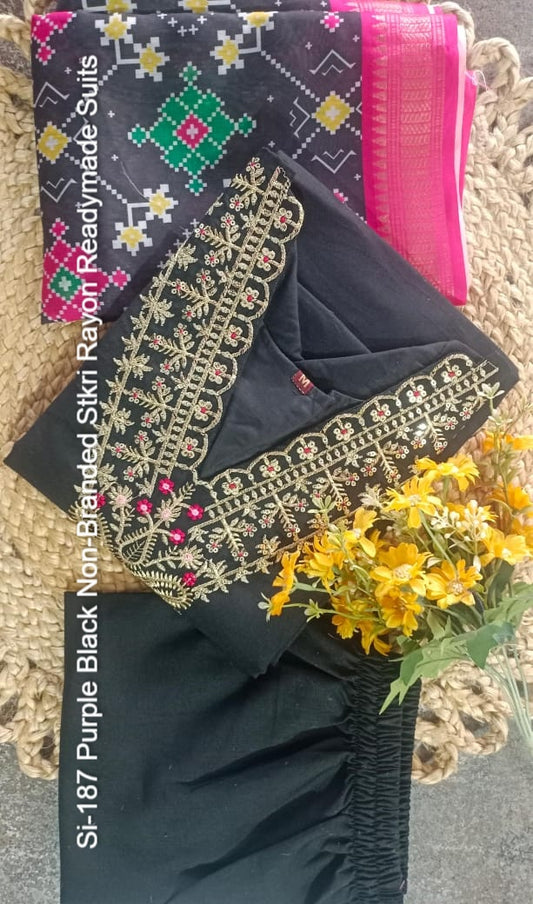 Si-187 Purple Black Non-Branded Stkri Rayon Readymade Suits