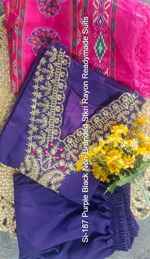 Si-187 Purple Black Non-Branded Stkri Rayon Readymade Suits