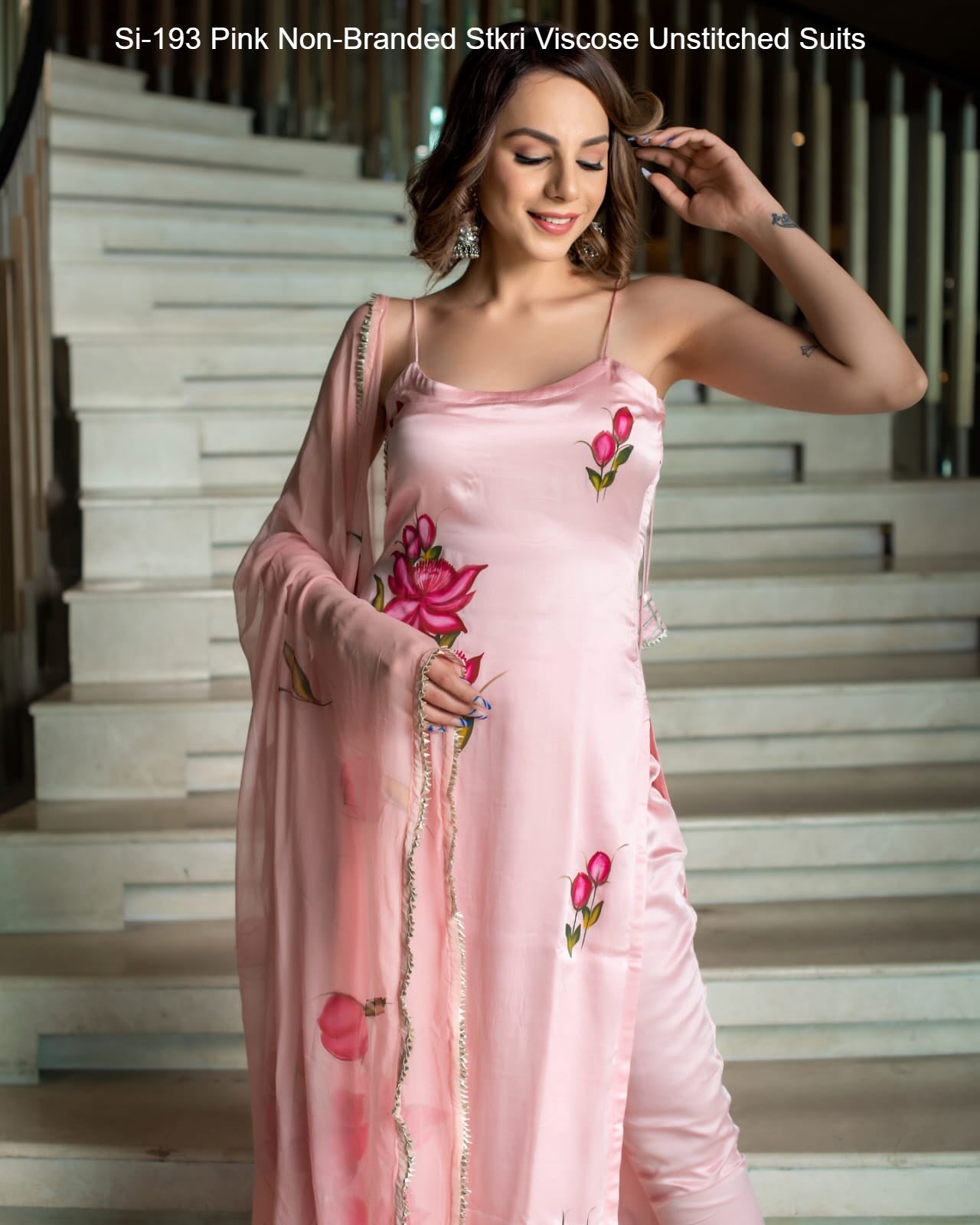 Si-193 Pink Non-Branded Stkri Viscose Unstitched Suits