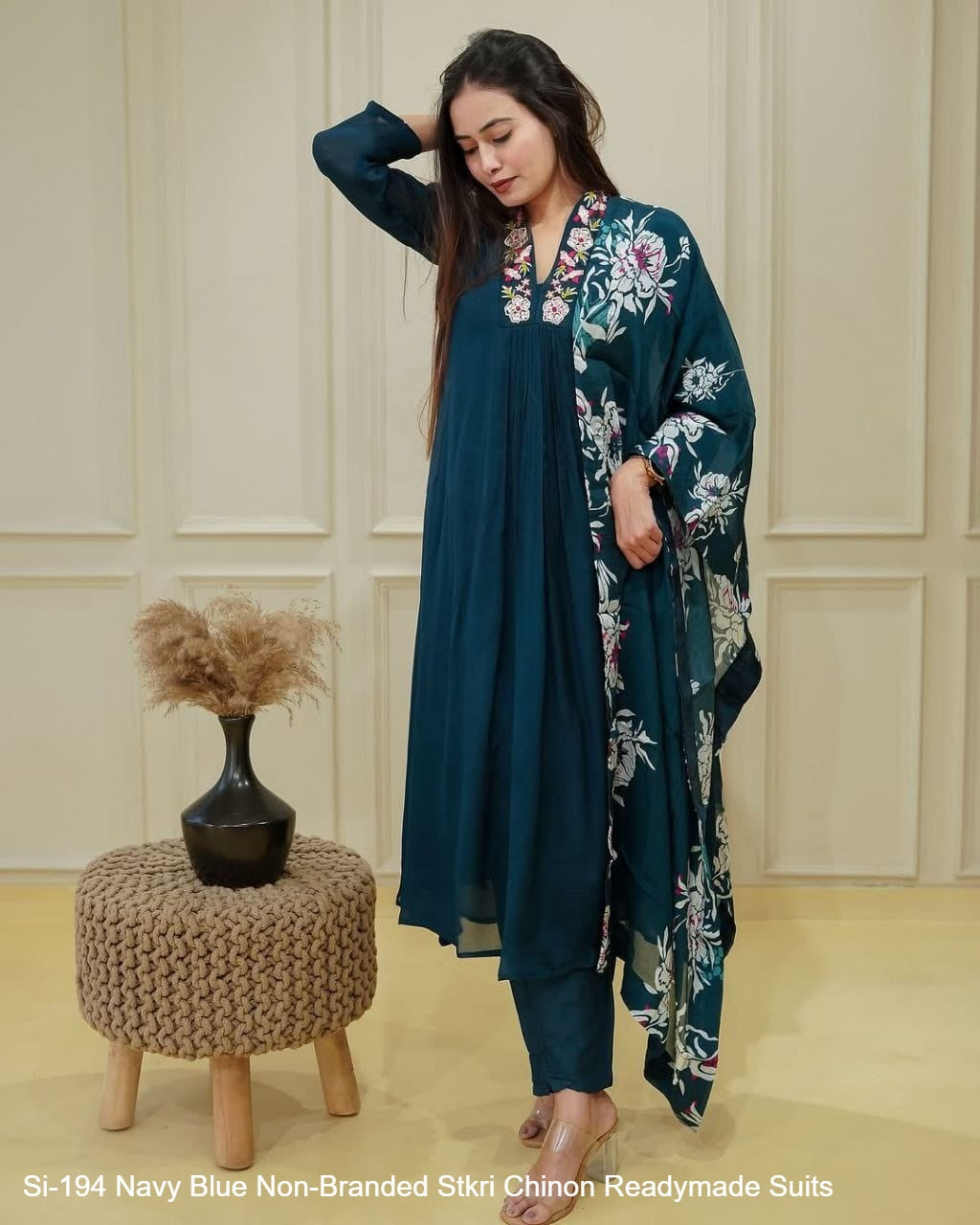 Si-194 Navy Blue Non-Branded Stkri Chinon Readymade Suits