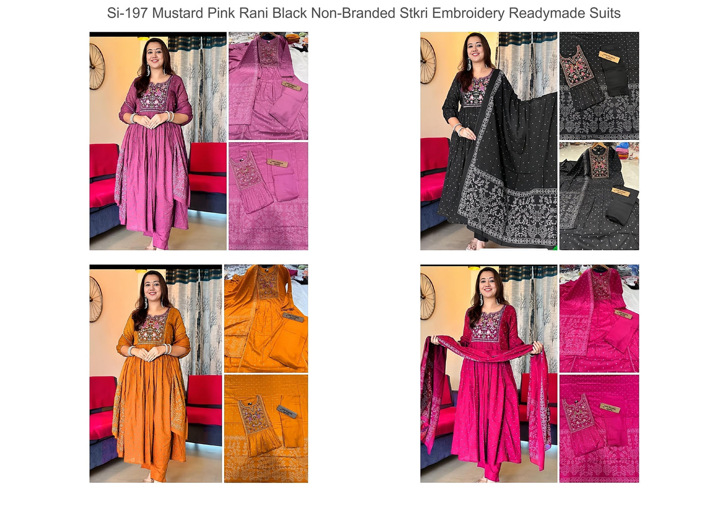 Si-197 Mustard Pink Rani Black Non-Branded Stkri Embroidery Readymade Suits