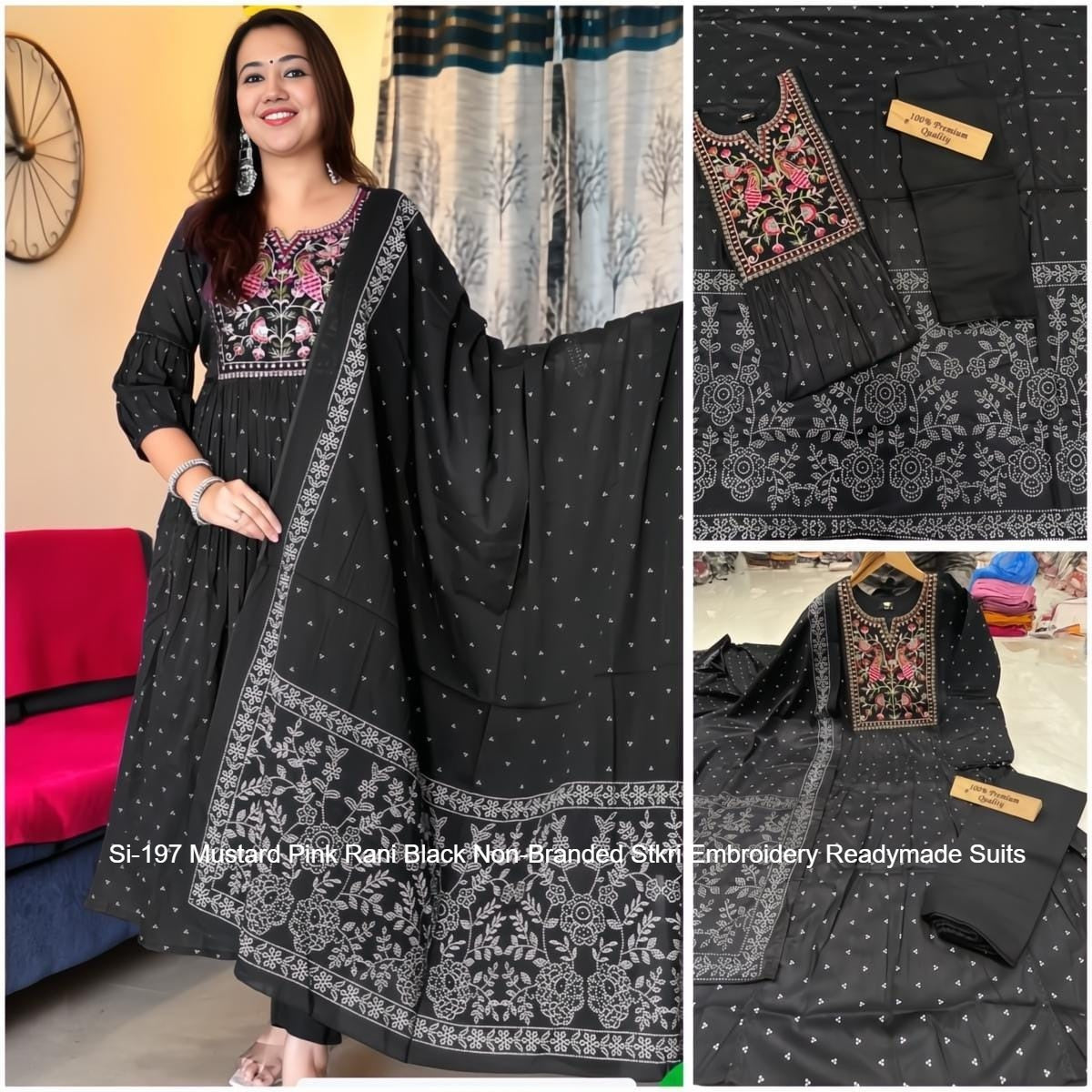 Si-197 Mustard Pink Rani Black Non-Branded Stkri Embroidery Readymade Suits