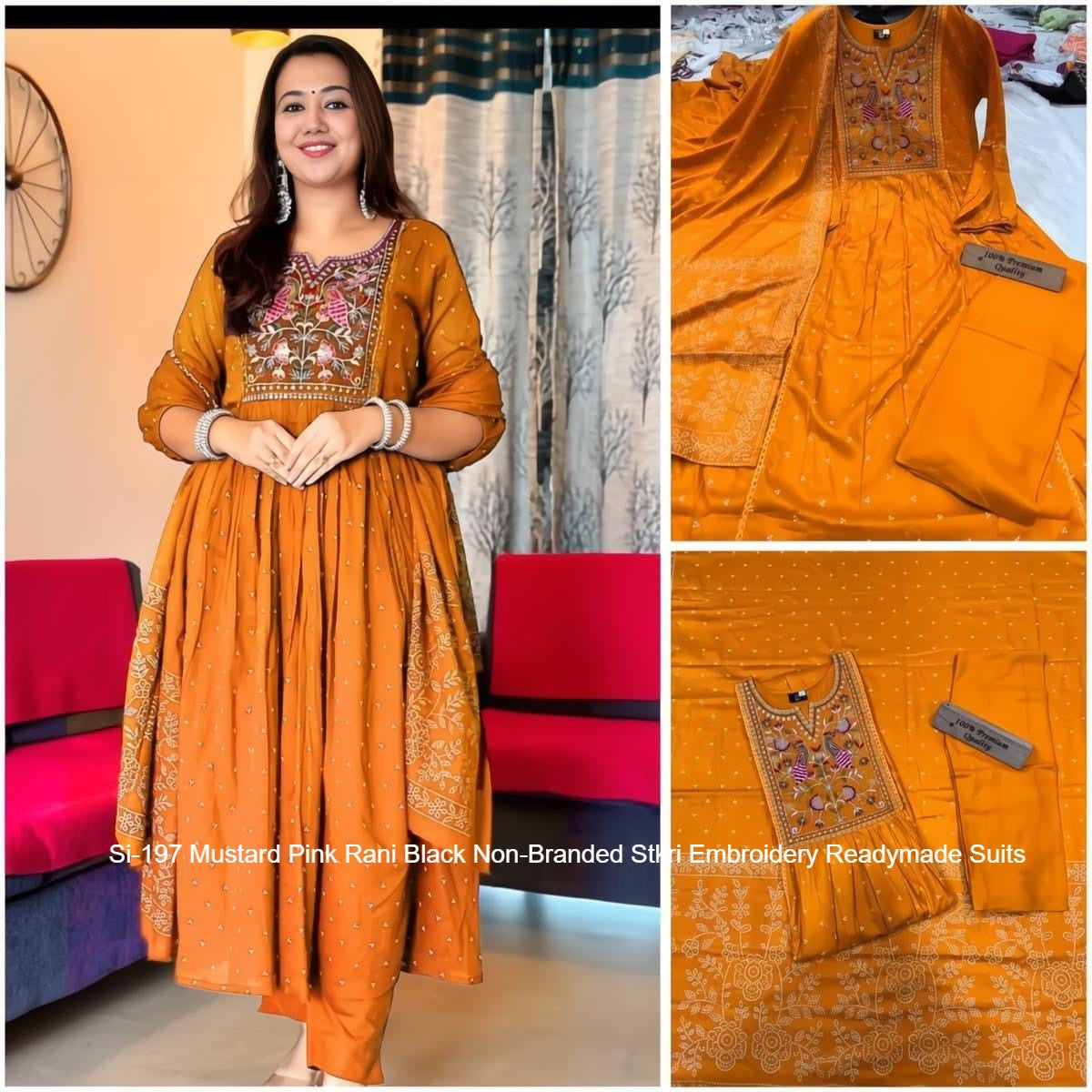 Si-197 Mustard Pink Rani Black Non-Branded Stkri Embroidery Readymade Suits
