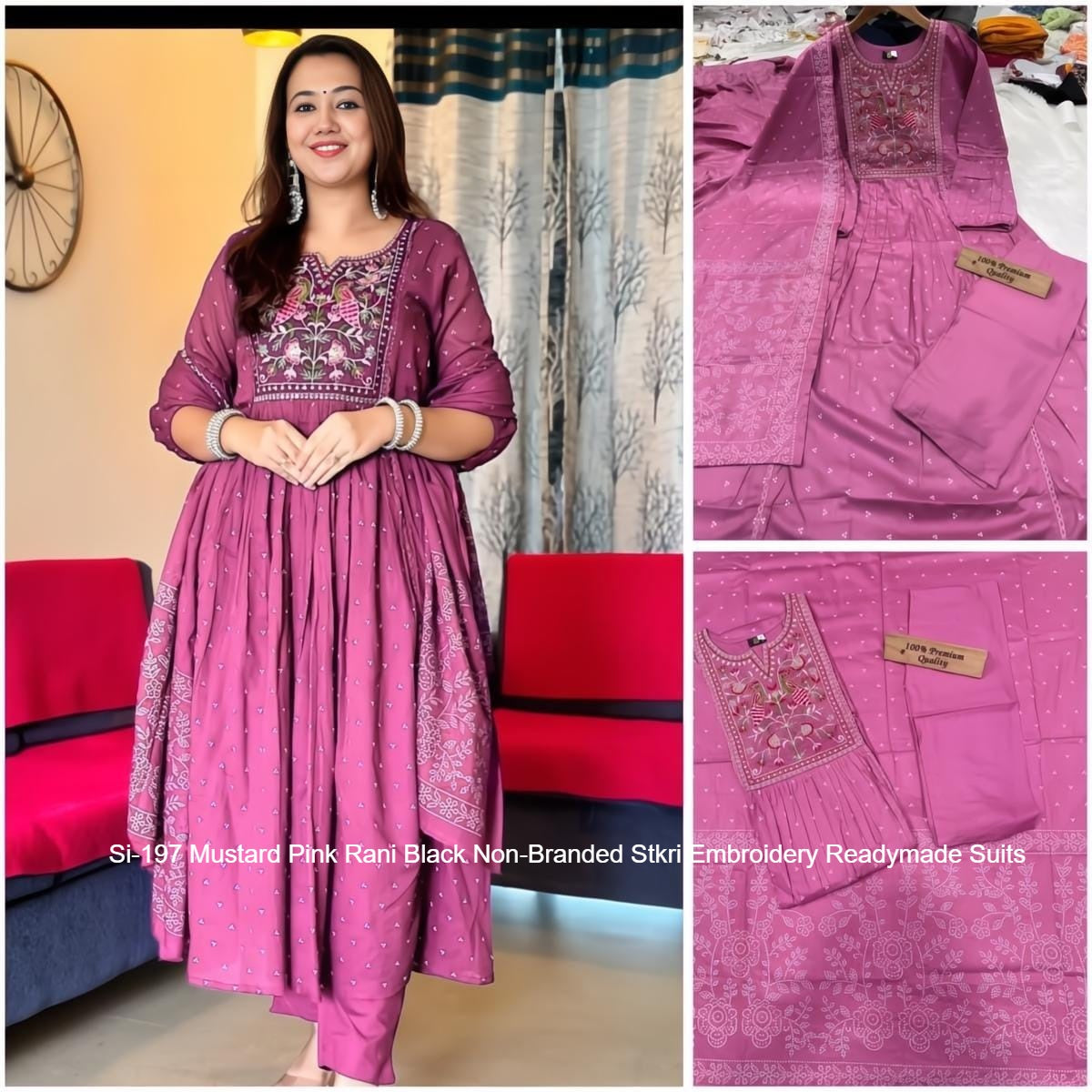 Si-197 Mustard Pink Rani Black Non-Branded Stkri Embroidery Readymade Suits