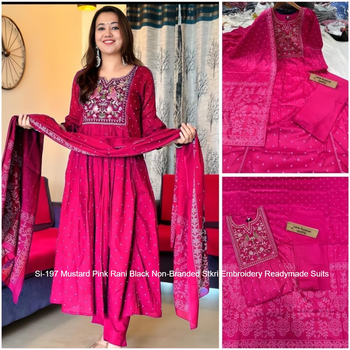 Si-197 Mustard Pink Rani Black Non-Branded Stkri Embroidery Readymade Suits