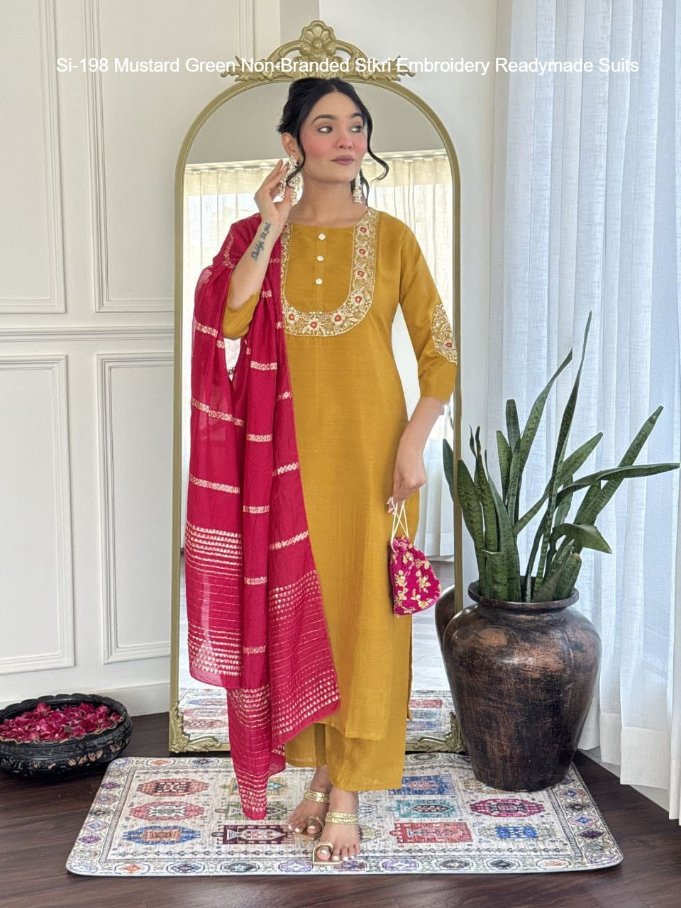 Si-198 Mustard Green Non-Branded Stkri Embroidery Readymade Suits