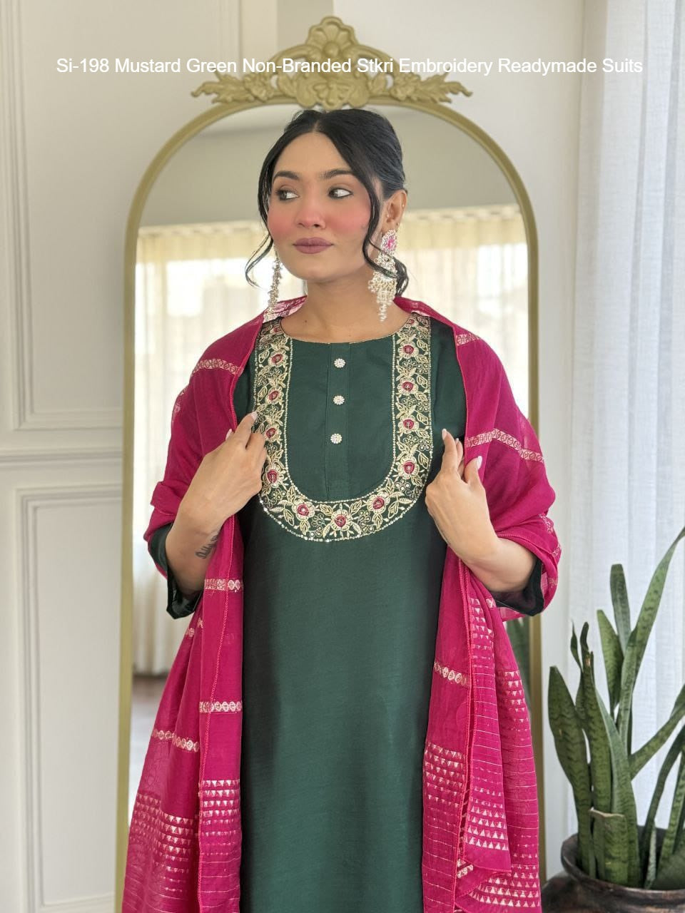 Si-198 Mustard Green Non-Branded Stkri Embroidery Readymade Suits