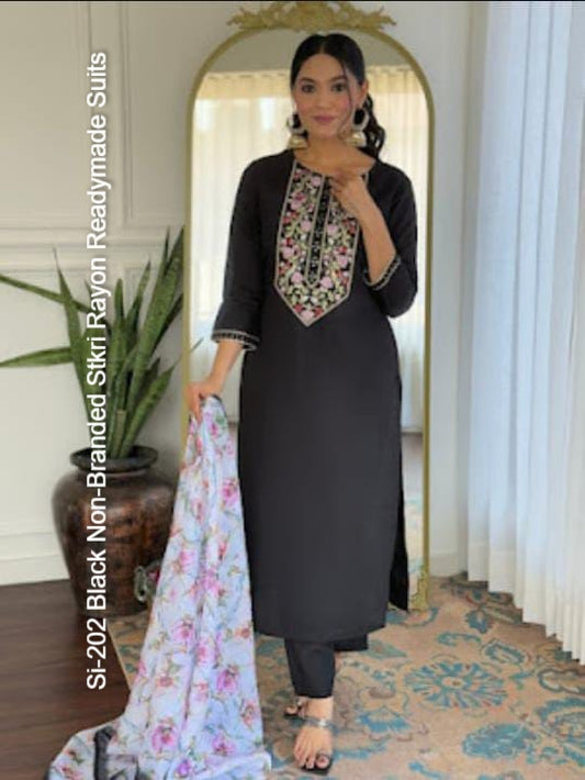 Si-202 Black Non-Branded Stkri Rayon Readymade Suits
