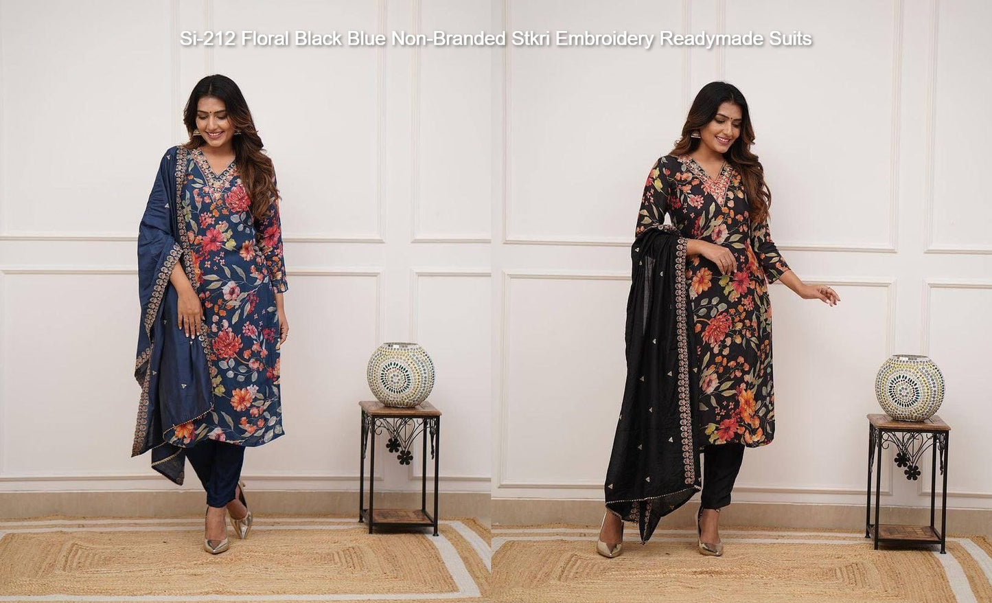 Si-212 Floral Black Blue Non-Branded Stkri Embroidery Readymade Suits