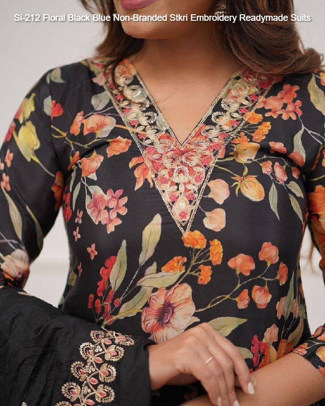 Si-212 Floral Black Blue Non-Branded Stkri Embroidery Readymade Suits
