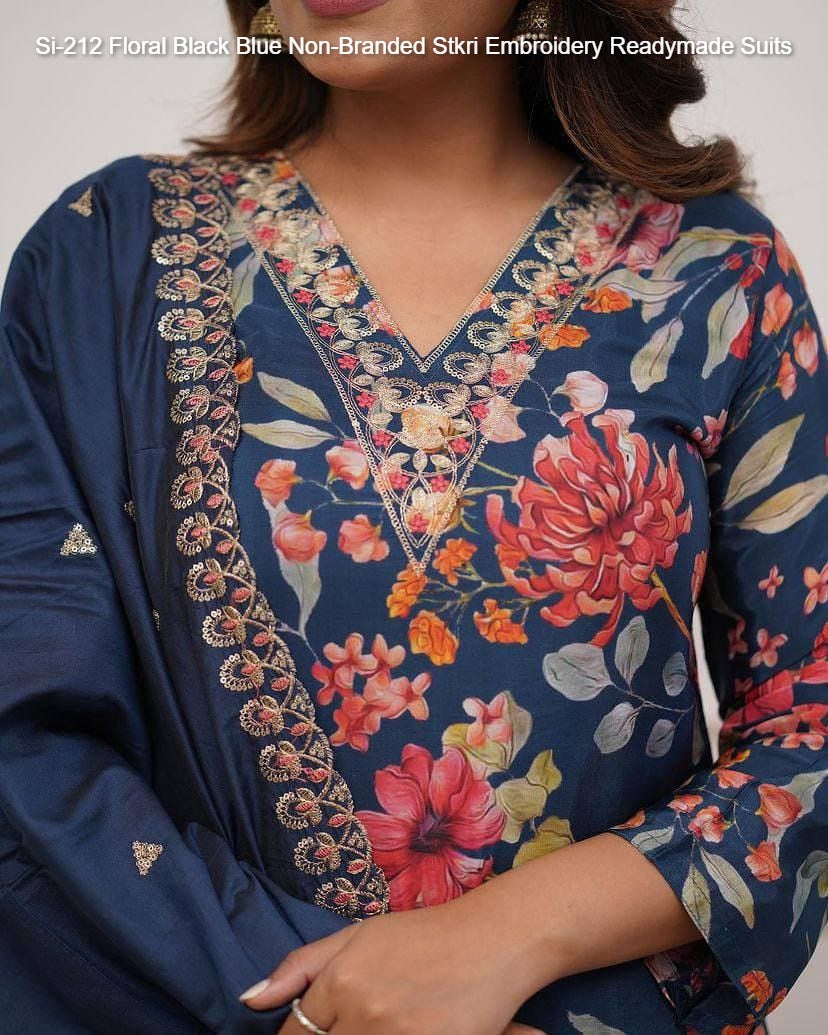 Si-212 Floral Black Blue Non-Branded Stkri Embroidery Readymade Suits