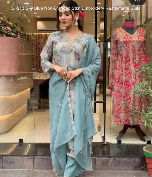 Si-213 Sky Blue Non-Branded Stkri Embroidery Readymade Suits