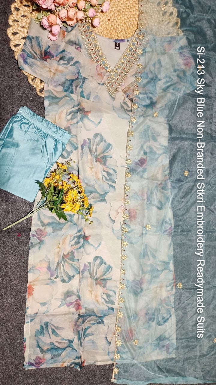 Si-213 Sky Blue Non-Branded Stkri Embroidery Readymade Suits