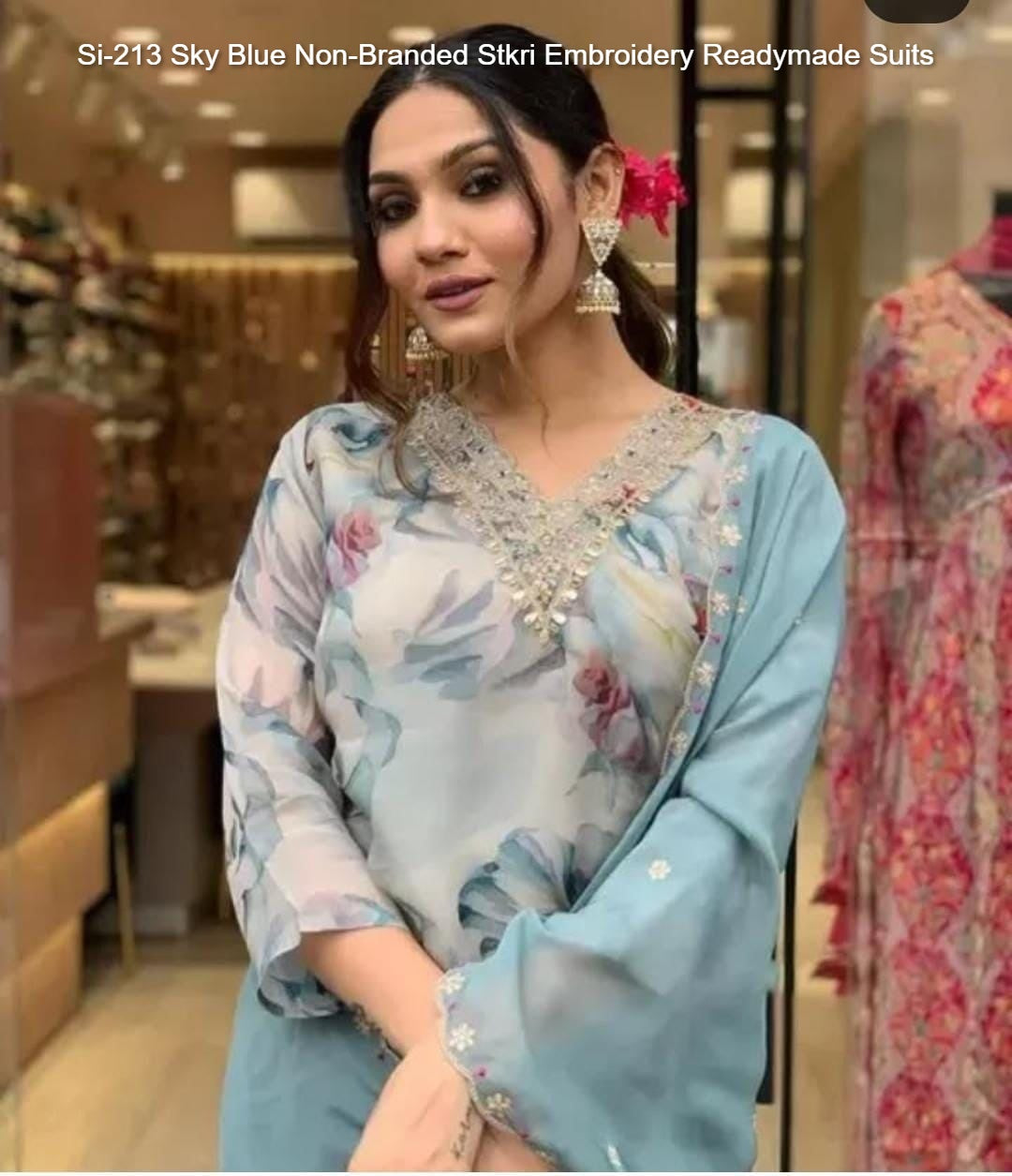Si-213 Sky Blue Non-Branded Stkri Embroidery Readymade Suits