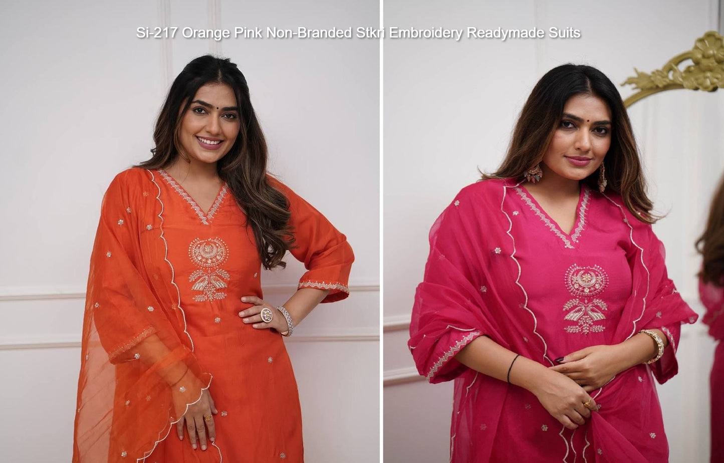 Si-217 Orange Pink Non-Branded Stkri Embroidery Readymade Suits