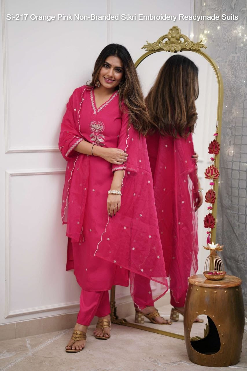 Si-217 Orange Pink Non-Branded Stkri Embroidery Readymade Suits