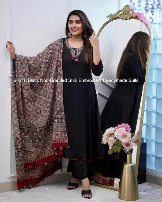 Si-218 Black Non-Branded Stkri Embroidery Readymade Suits