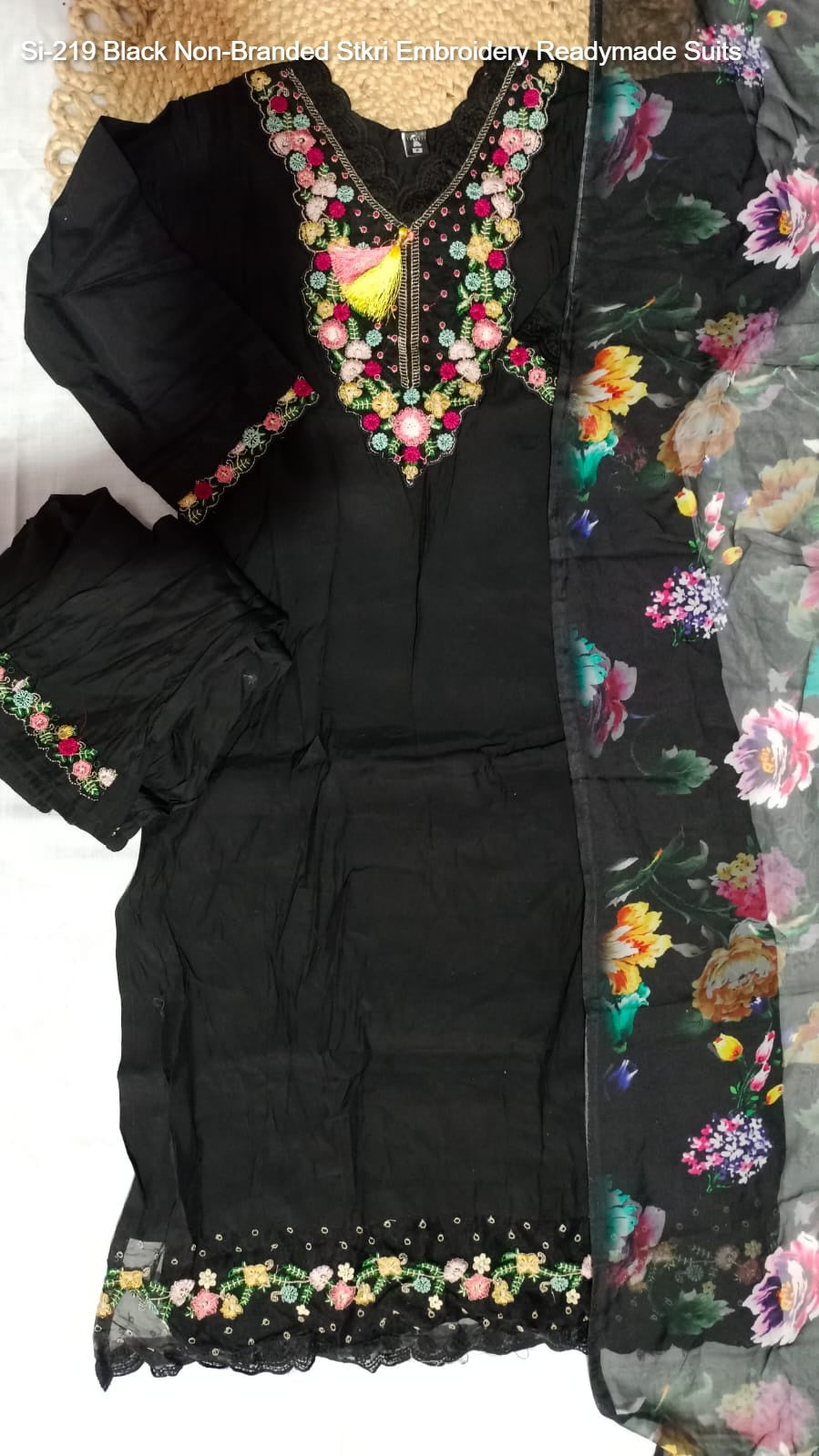 Si-219 Black Non-Branded Stkri Embroidery Readymade Suits