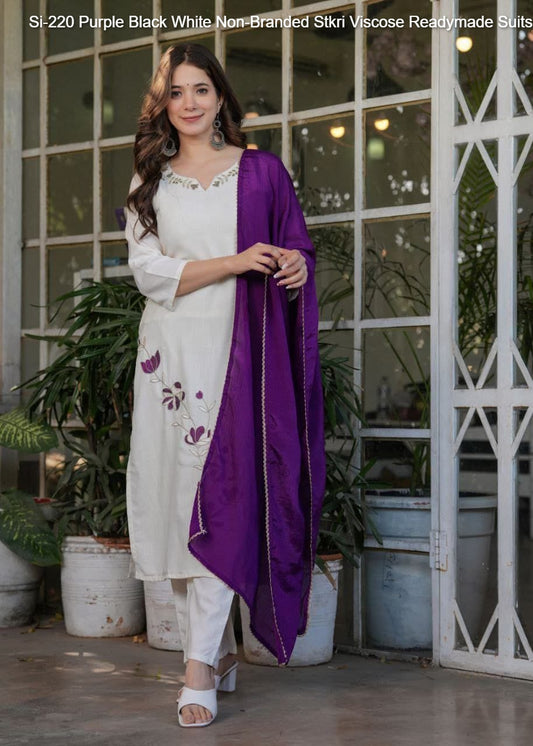 Si-220 Purple Black White Non-Branded Stkri Viscose Readymade Suits