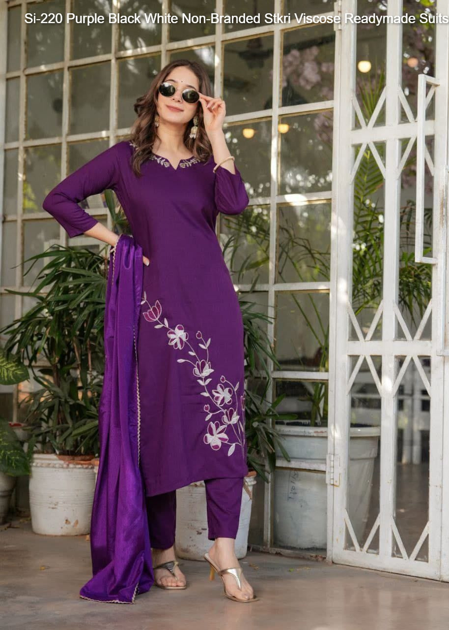 Si-220 Purple Black White Non-Branded Stkri Viscose Readymade Suits