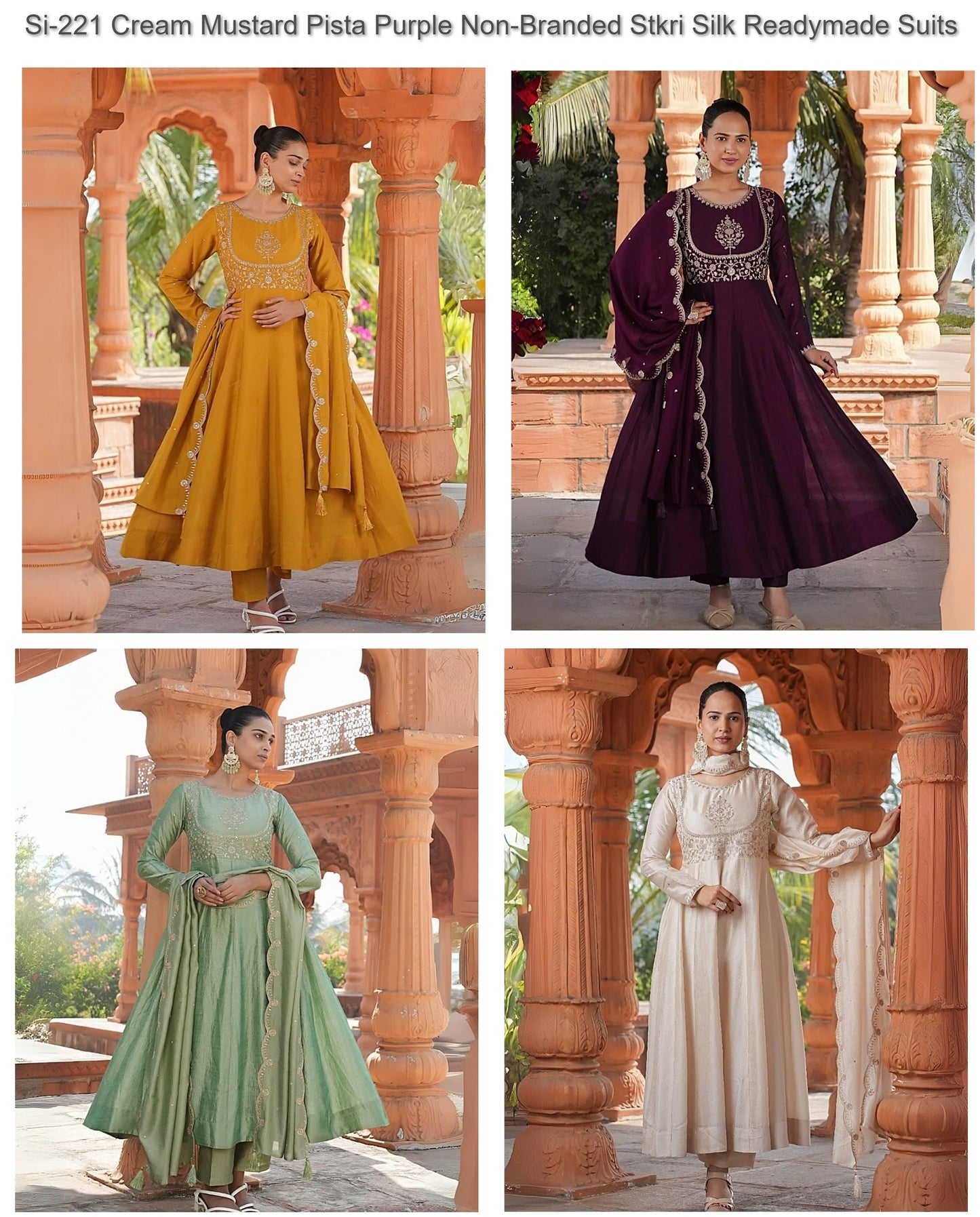Si-221 Cream Mustard Pista Purple Non-Branded Stkri Silk Readymade Suits